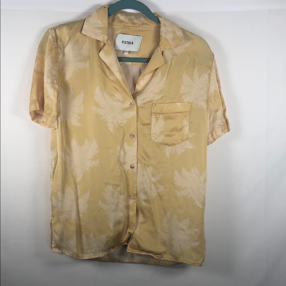 Pistola Butter Yellow Leaf Print Button Down Blouse